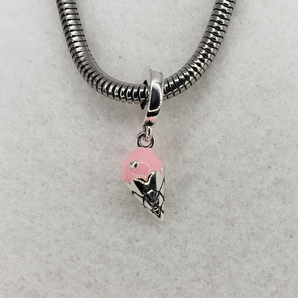 Kawaii Ice Cream Cone Dangle Charm for Bracelet Pink Sterling Silver 925 Novelty - Picture 3 of 4